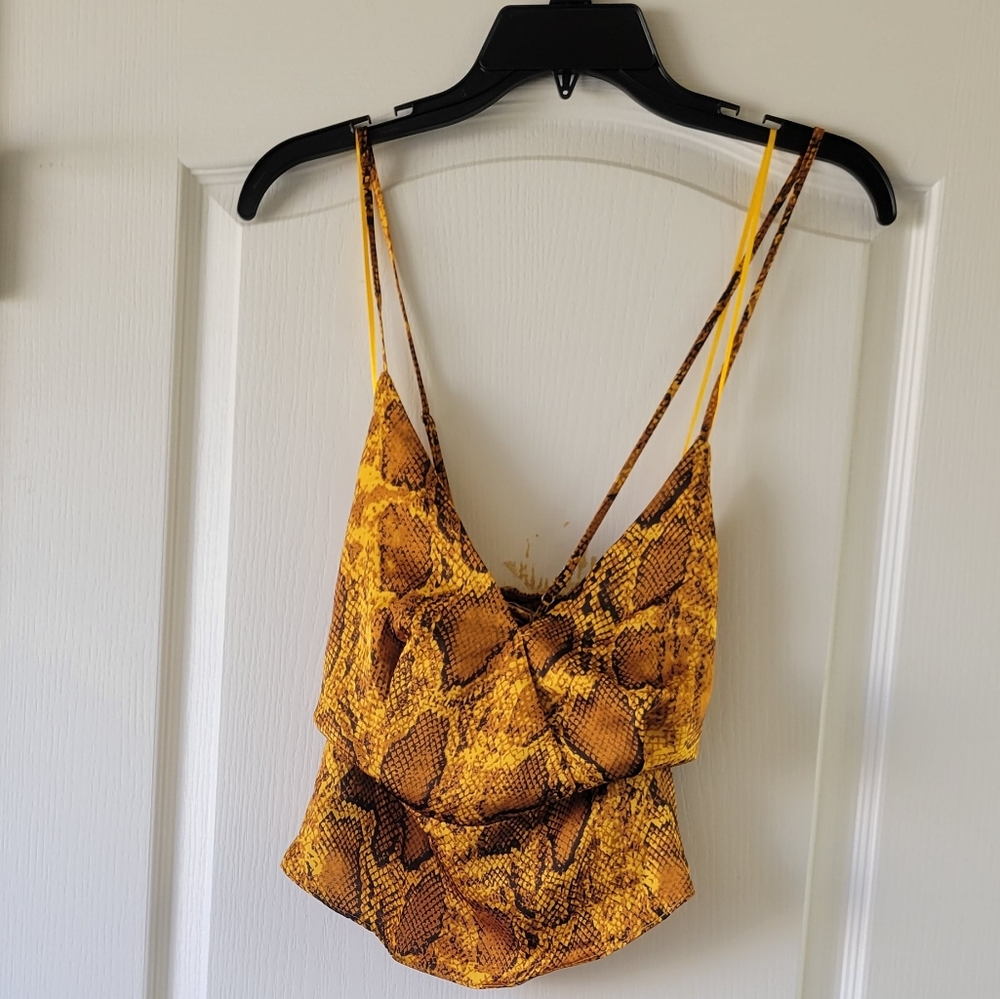 Vera & Lucy Gold Snake Print Peplum Crop Top